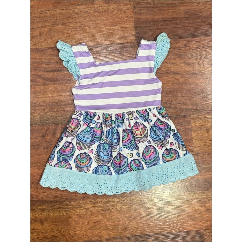Pete + Lucy - Dress with Lavender Stripe & Cupcake Print with Aqua Trim